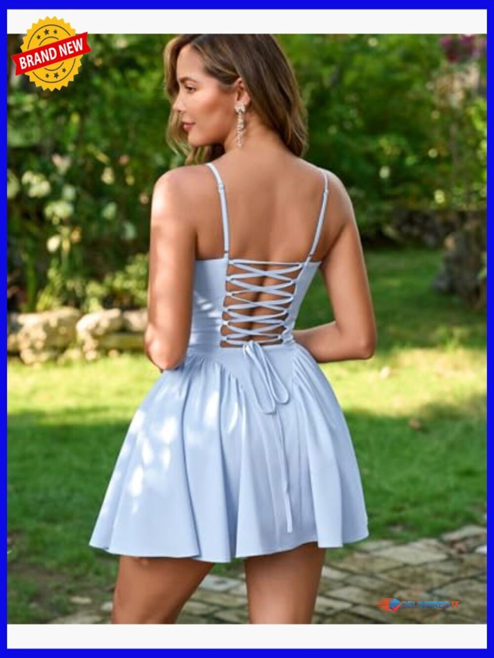 Women's Corset Mini Dress with Lace Up Back, Spaghetti Straps, A-Line Silhouette - Picture 3 of 6
